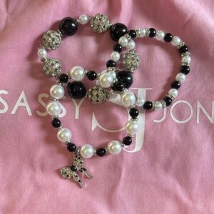 Sassy Jones Black and White Beaded Bracelets with Bow Charm
